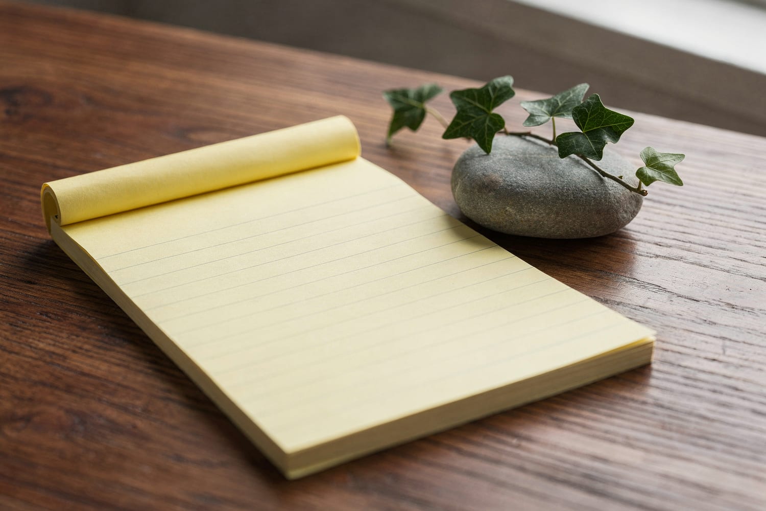 A yellow legal notepad on a warm oak desk beside a river stone and a sprig of fresh ivy